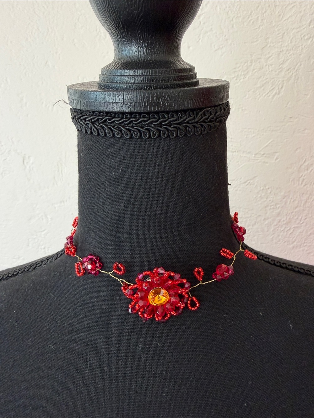 Handcrafted Red Beaded Floral Choker Necklace
